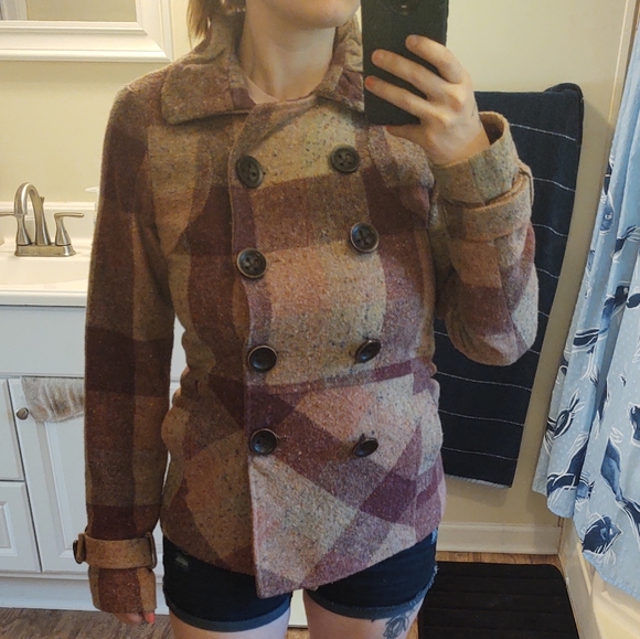 Nick & Mo Wool Rose Tan Plaid Pea Coat - Picture 5 of 5